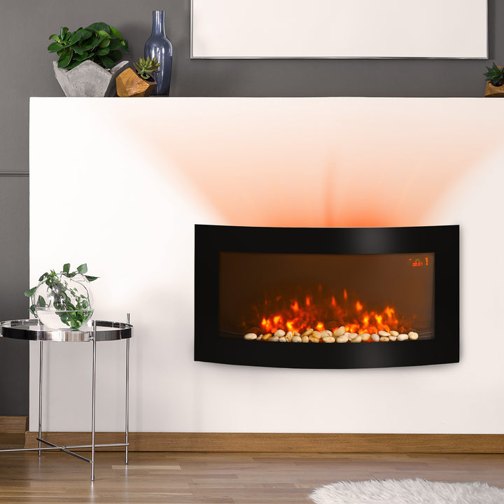 HOMCOM Led Wall Mounted Fireplace Curved Glass Electric Fire Place Fire Place 7 Colour Side Lights Slimline, 1000/2000W, 89.2cm x 48cm