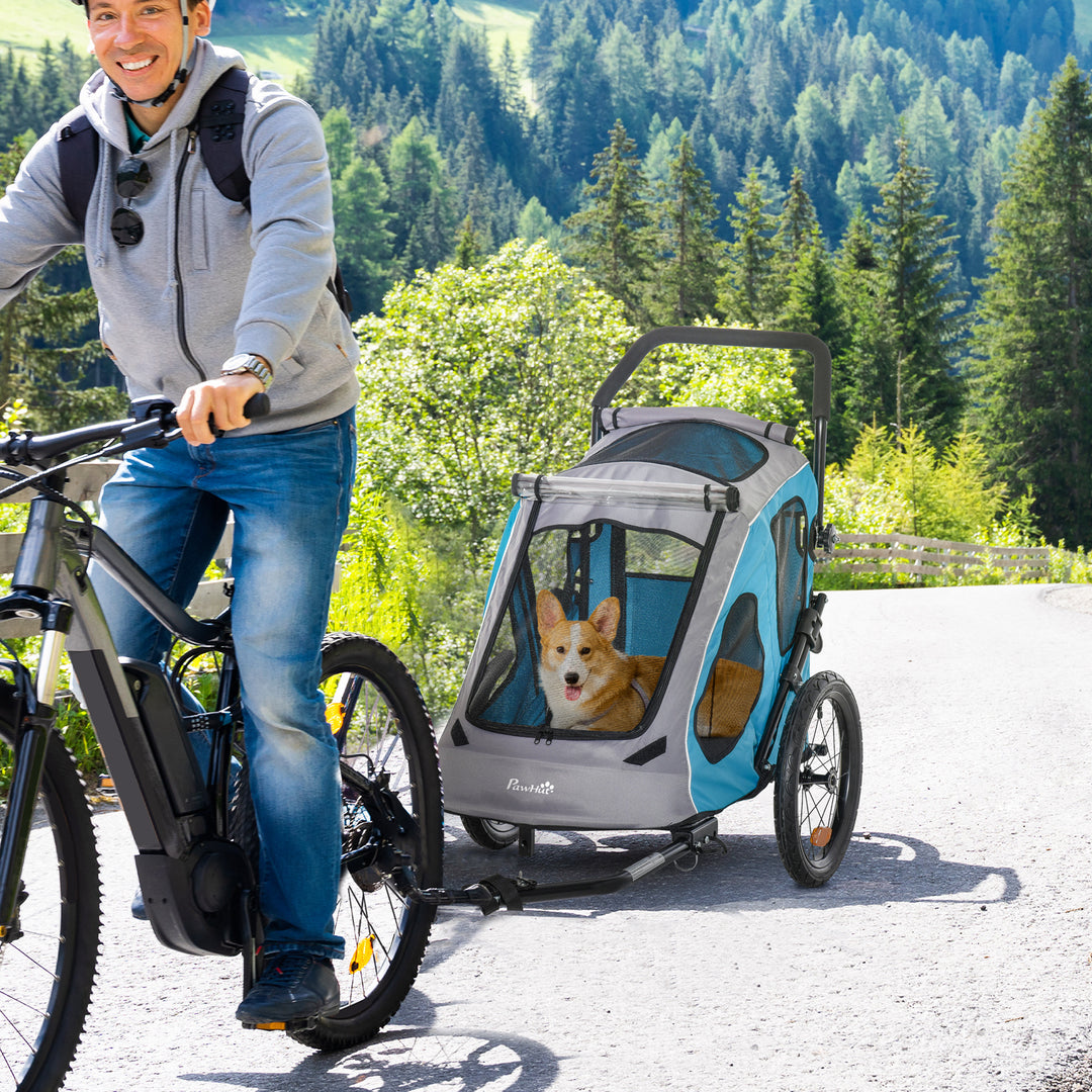 Dog Bike Trailer 2-IN-1 Steel Pet Cart Carrier for Bicycle with 360° Rotatable Front Wheel Reflectors Straps Cup Holder Water Resistant Blue