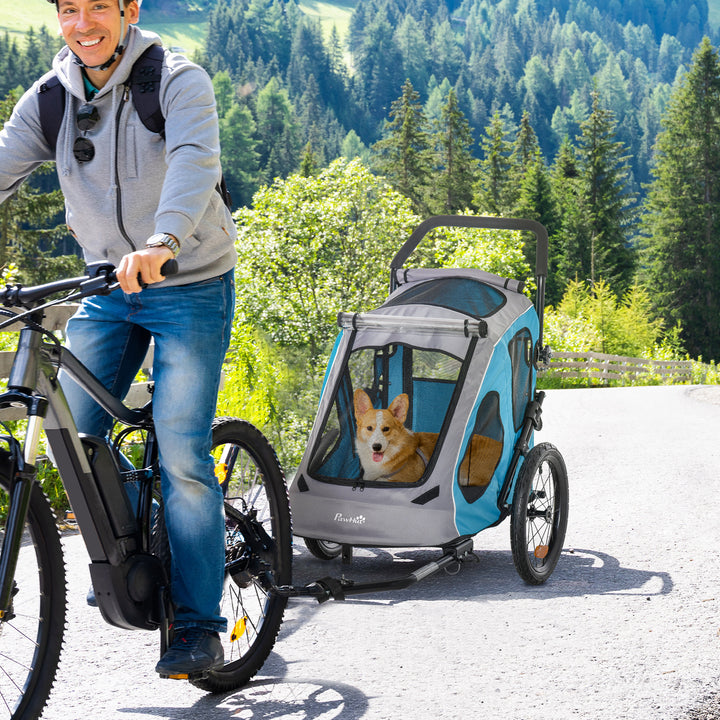 Dog Bike Trailer 2-IN-1 Steel Pet Cart Carrier for Bicycle with 360° Rotatable Front Wheel Reflectors Straps Cup Holder Water Resistant Blue