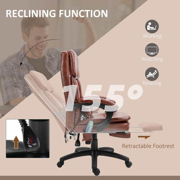 Vinsetto High Back Office Chair, Recliner Chair with Footrest, 7 Massage Points, Adjustable Height, Reclining Back, PU Leather, Brown