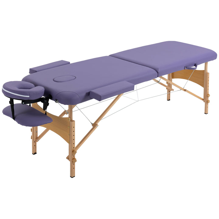 Portable Massage Bed, Folding Spa Beauty Massage Table with 2 Sections, Carry Bag and Wooden Frame, Purple