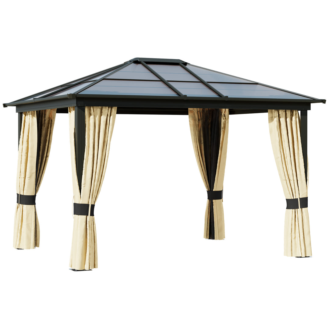 3.6 x 3(m) Polycarbonate Hardtop Gazebo with LED Solar Light and Aluminium Frame, Garden Pavilion with Mosquito Netting and Curtains