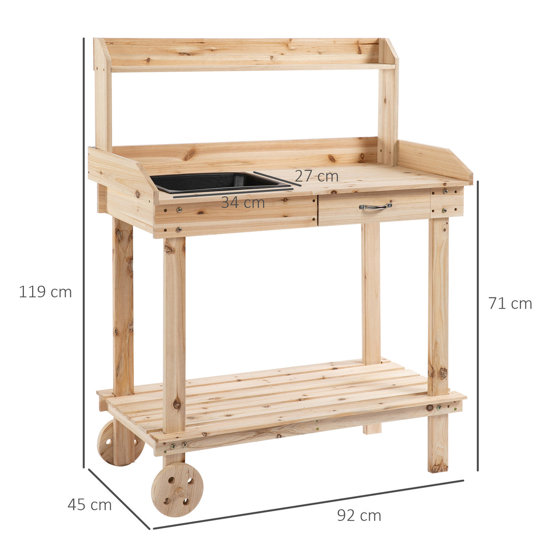 Outsunny Garden Potting Bench Table, Wooden Work Station, Outdoor Planting Workbench with 2 Wheels, Sink, Drawer & Large Storage Spaces, 92x45x119cm