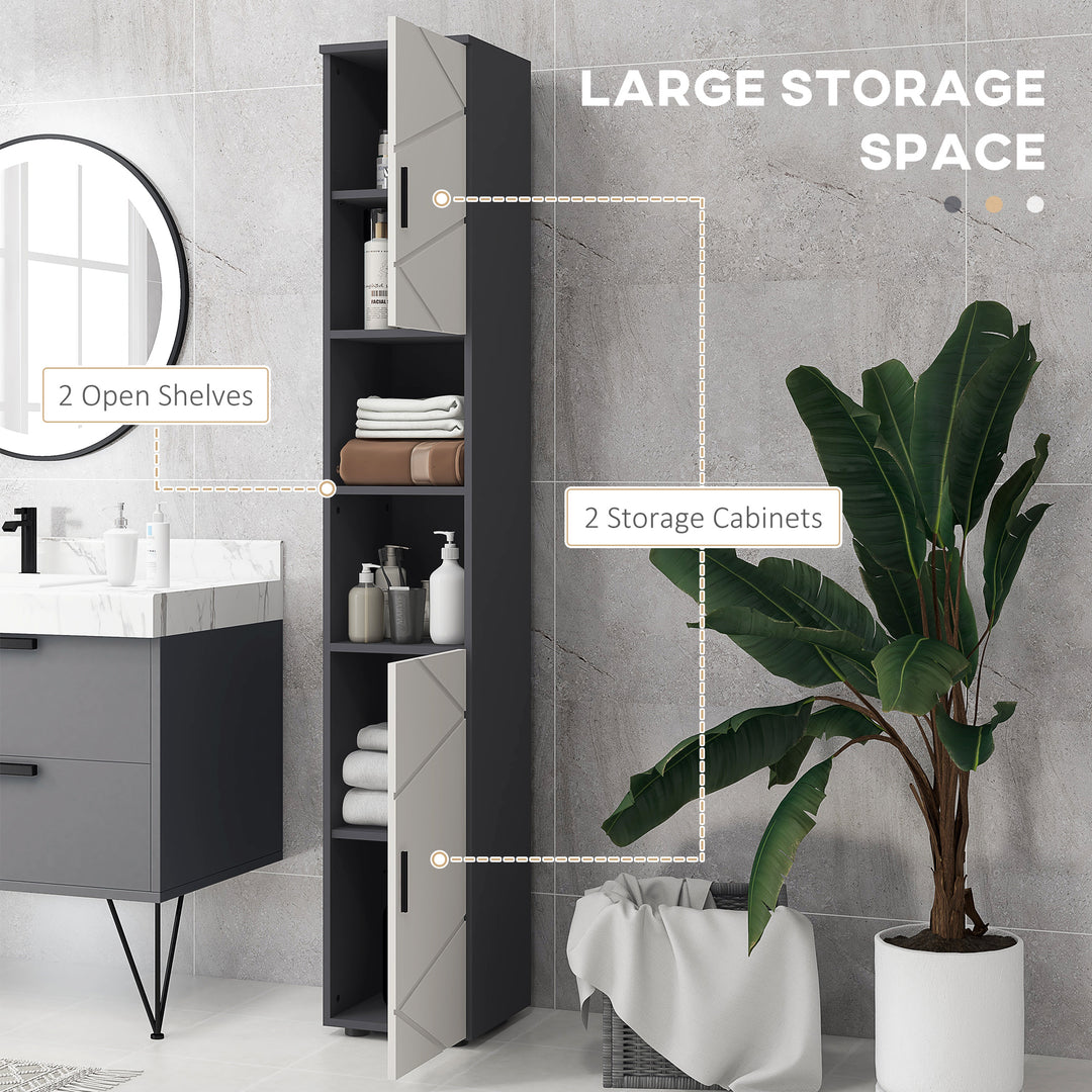 183cm Tall Bathroom Cabinet, Narrow Bathroom Storage Cabinet w/ Open Shelves, 2 Doors Cabinets, Adjustable Shelves, Grey