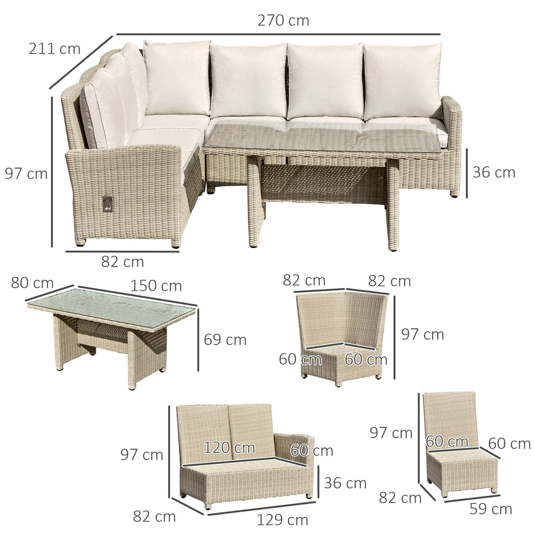 6-Seater Reclining PE Rattan Garden Dining Set Patio Furniture w/Sofa Chairs Glass Table Cushions Adjustable Feet Stylish Lounge Conversation