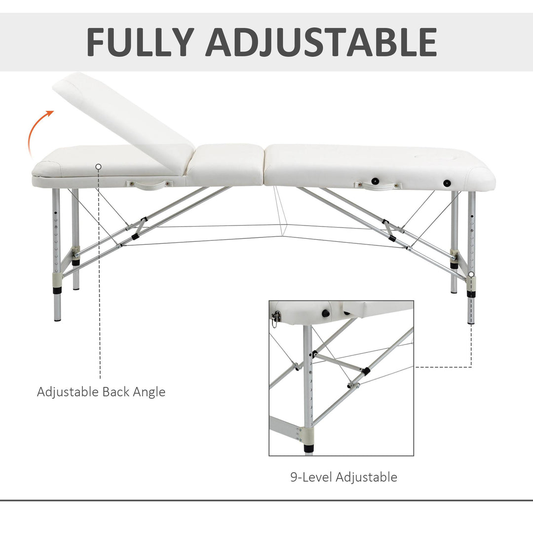 Folding PVC Leather Massage Table Aluminium Frame w/ Headrest Armrests Padding Handle Carry Bag Adjustable Height 3-Way Tri-Fold White