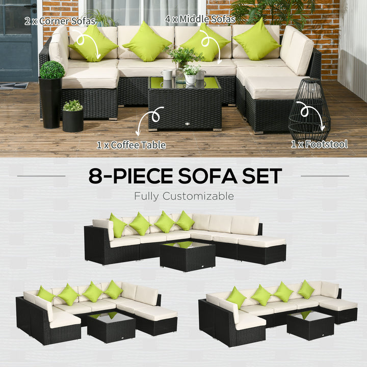 8 Pieces PE Rattan Corner Sofa Set, Outdoor Garden Furniture Set, Patio Wicker Sofa Seater w/ Cushion, Washable Cushion Cover, Black