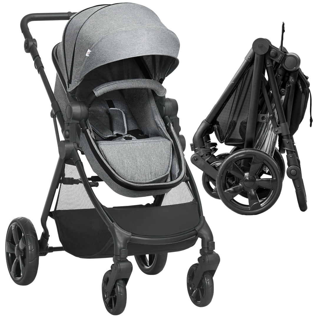 HOMCOM 2 in 1 Lightweight Pushchair w/ Reversible Seat, Foldable Travel Baby Stroller w/ Fully Reclining From Birth to 3 Years, 5-point Harness Grey