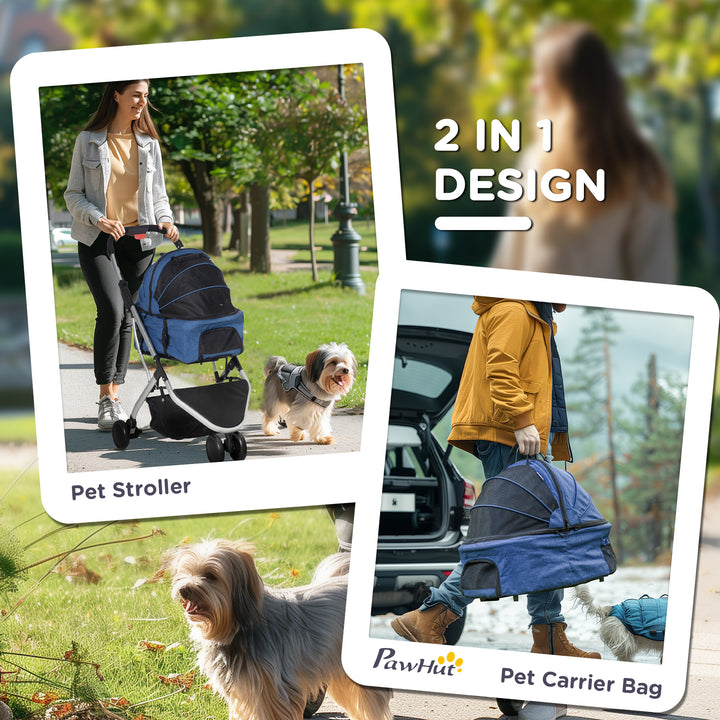 PawHut Detachable Pet Stroller Pushchair Foldable Dog Cat Travel Carriage 2-In-1 Design Carrying Bag Dark Blue