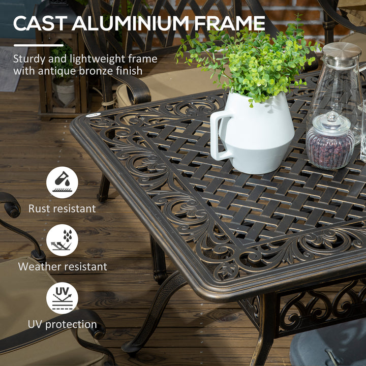 6-Seater Patio Dining Set with Umbrella Hole, Cast Aluminum Patio Furniture Set with Six Cushioned Chairs and Rectangle Dining Table, Bronze