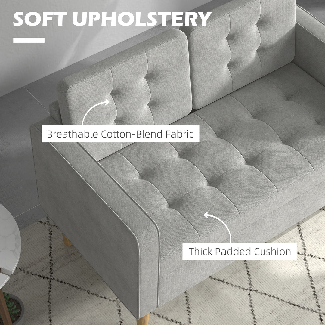 Modern 2 Seater Sofa with Hidden Storage, 117cm Tufted Cotton Couch, Compact Loveseat Sofa with Wood Legs, Light Grey