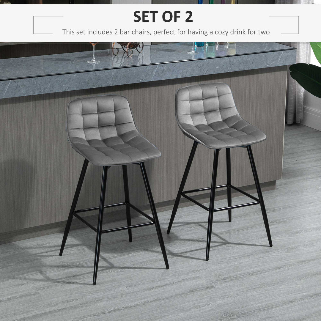 Set of 2 Bar stools With Backs Velvet-Touch Dining Chairs Kitchen Counter Chairs  Fabric Upholstered seat with Metal Legs, Backrest, Grey