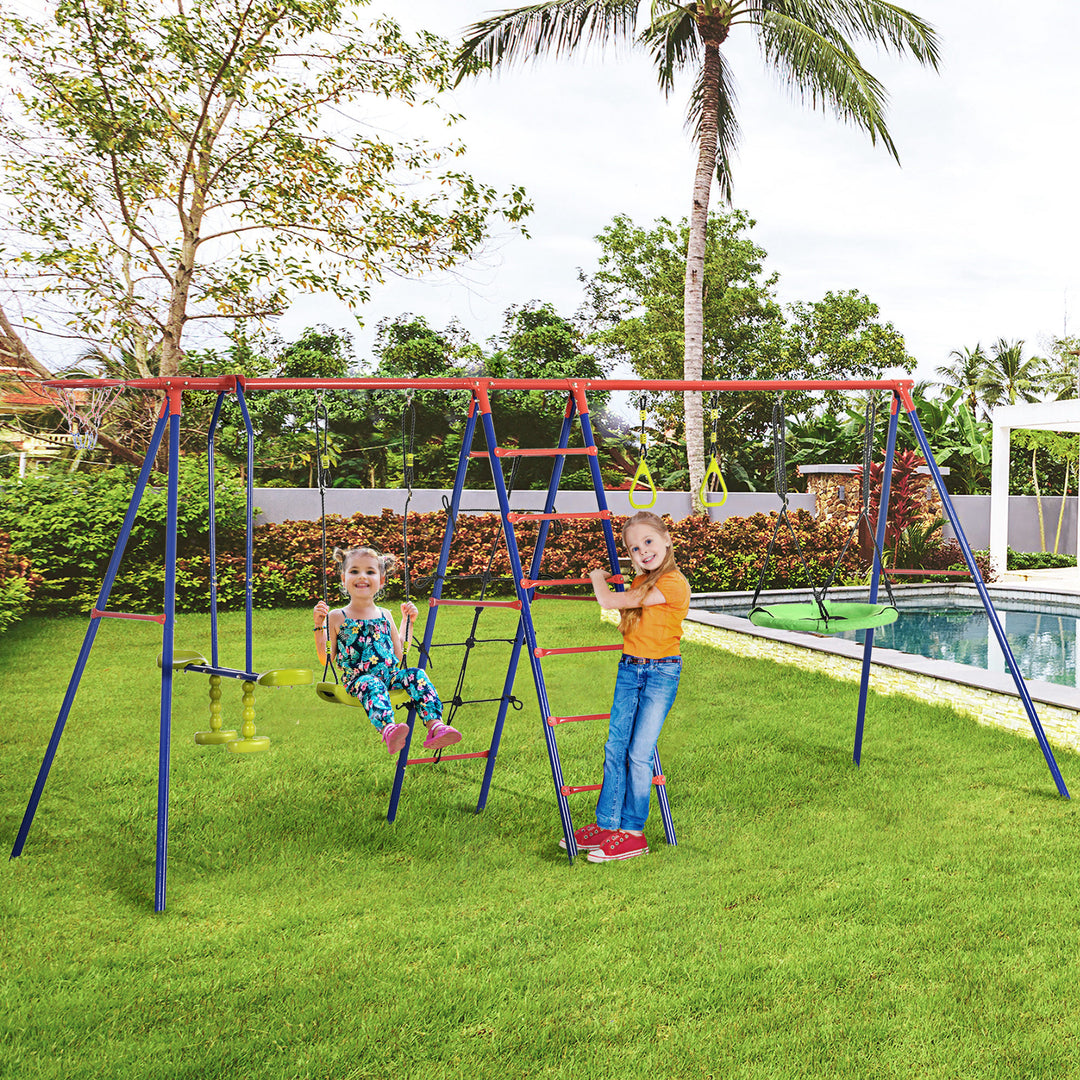 Metal Garden Swing Set, Climbing Frame, Glider, Trapeze Bar, Basketball Hoop