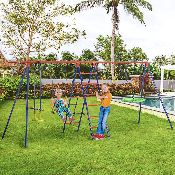 Metal Garden Swing Set, Climbing Frame, Glider, Trapeze Bar, Basketball Hoop