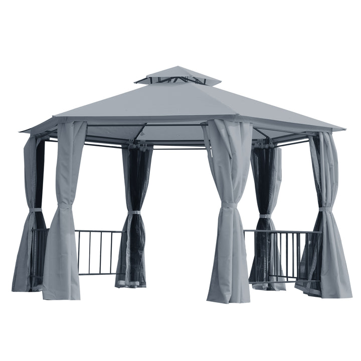 Outsunny Hexagon Gazebo Patio Canopy Party Tent Outdoor Garden Shelter w/ 2 Tier Roof & Side Panel - Grey