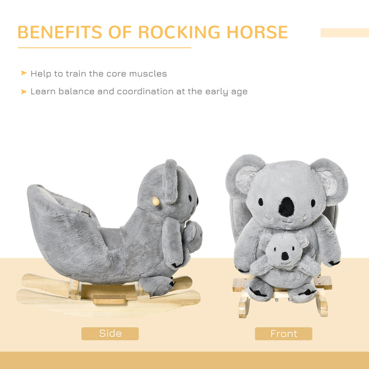 Kids Plush Ride-On Rocking Horse Koala-shaped Plush Toy Rocker with Gloved Doll Realistic Sounds for Child 18-36 Months Grey