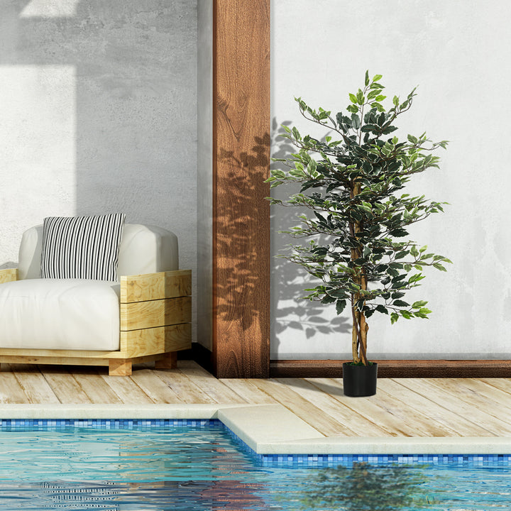Artificial Ficus Tree in Pot, Fake Plant with Lifelike Leaves and Natural Trunks, Indoor Outdoor, Green