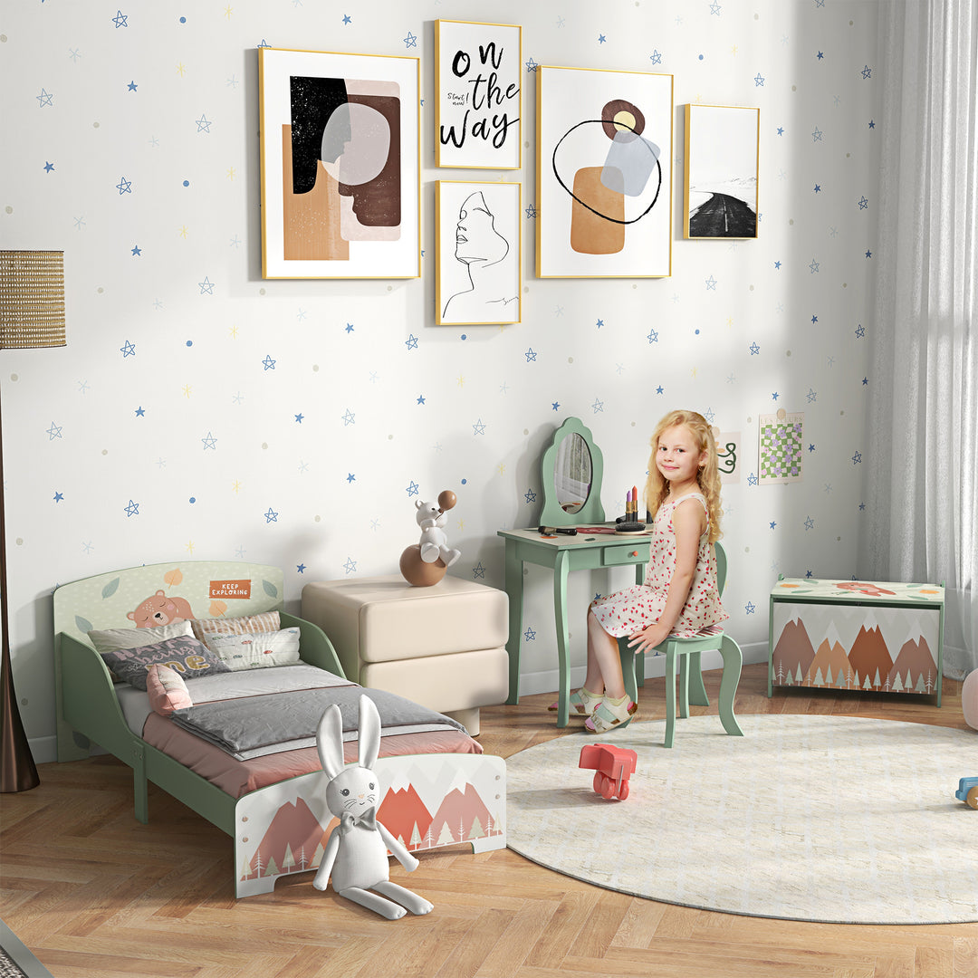 Kids Bedroom Furniture Set Includes Bed Frame, Table with Mirror &amp; Stool for Ages 3-6 Years - Green
