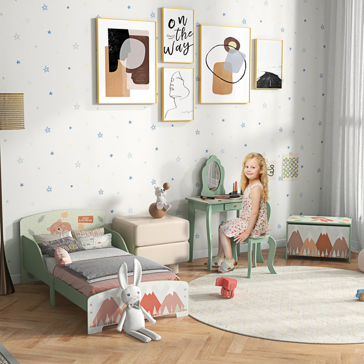 Kids Bedroom Furniture Set Includes Bed Frame, Table with Mirror &amp; Stool for Ages 3-6 Years - Green