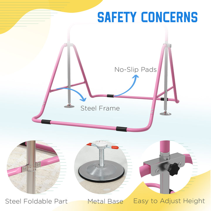 Gymnastics Bar for Kids, Folding Horizontal Bars with Adjustable Height, Training Bar with Triangle Base, Pink