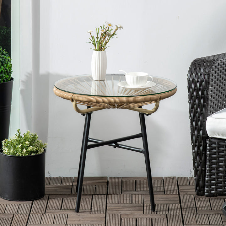 Rattan Side Table, Round Outdoor Coffee Table, with Round PE Rattan and Tempered Glass Table Top for Patio, Garden, Balcony, Black