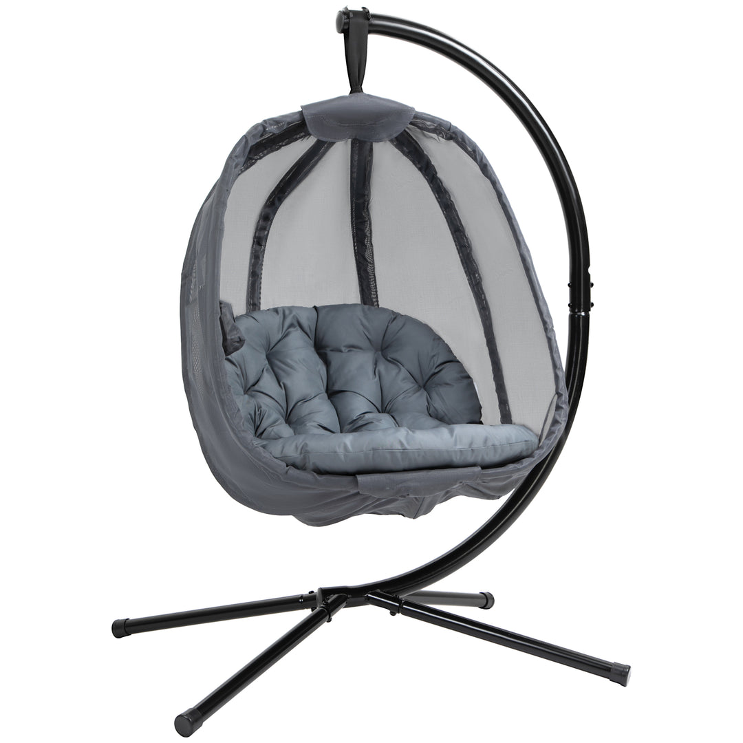 Outsunny Hanging Egg Chair, Folding Swing Hammock with Cushion and Stand for Indoor Outdoor, Patio Garden Furniture, Grey