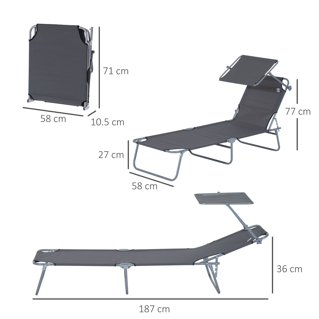 2 Pieces Outdoor Foldable Sun Lounger Set with Removeable Shade Canopy, Patio Recliner Sun Lounger with Adjustable Backrest with Mesh Fabric, Grey