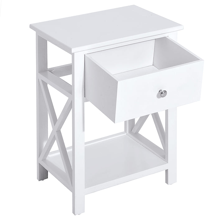 Traditional Accent End Table With 1 Drawer,X Bar Bottom Storage Shelf, for Living Room Bedroom Room 40L x 30W x 55H cm - White