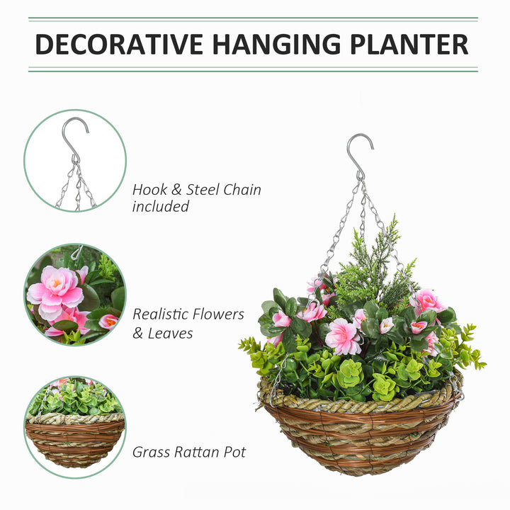 Outsunny Set of 2 Artificial Plant Lisianthus Flowers Hanging Planter with Basket for Indoor Outdoor Decoration