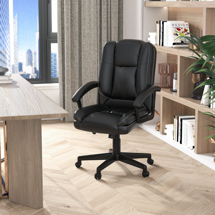 Swivel Executive Office Chair Mid Back Faux Leather Computer Desk Chair for Home with Double-Tier Padding, Arm, Wheels, Black