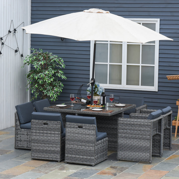Outsunny Patio 8-Seater Rattan Dining Table Chair Set Garden Wicker Cube Sofa Furniture w/ Umbrella Hole Table for Indoor &amp; Outdoor Mixed Grey