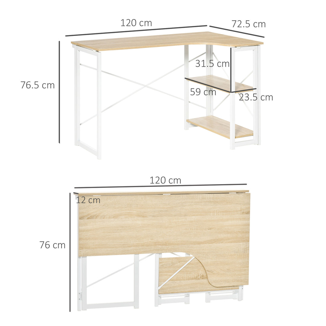 HOMCOM L-Shaped Computer Desk, Folding Home Office Corner Desk Study Workstation Table with 2 Shelves, Oak Tone