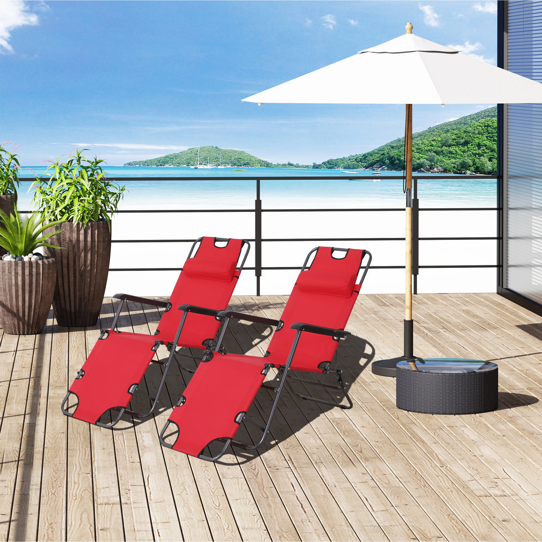 Outsunny 2 Pieces Foldable Sun Loungers with Adjustable Back, Outdoor Reclining Garden Chairs with Pillow and Armrests, Red