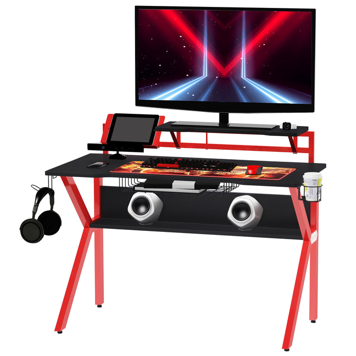 Gaming Desk Computer Table Stable Metal Frame Adjustable Feet w/ Cup Holder Headphone Hook, Cable Basket - Red