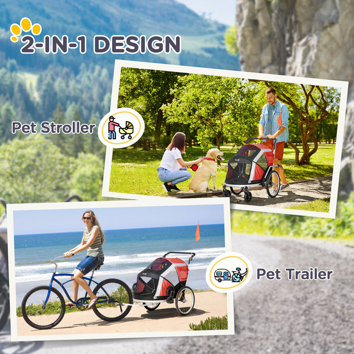 Dog Bike Trailer, Two-In-One Foldable Pet Bike Trailer w/ Safety Leash, Flag, for Small Cats, Puppies, Camping, Hiking - Red