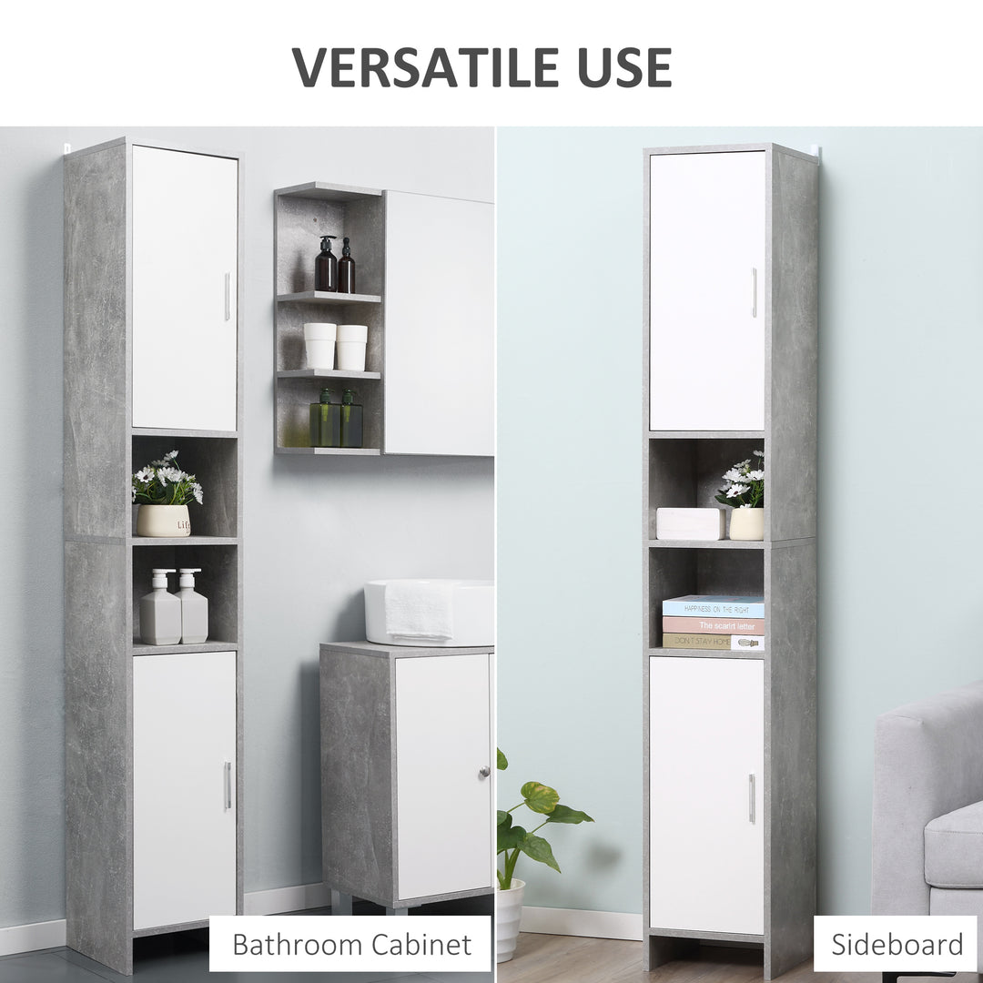kleankin Free-standing Tall Bathroom Storage Cabinet w/ 2 Cupboards 2 Open Compartments, Slim Bathroom Organizer Adjustable Shelves Elevated Base-Grey