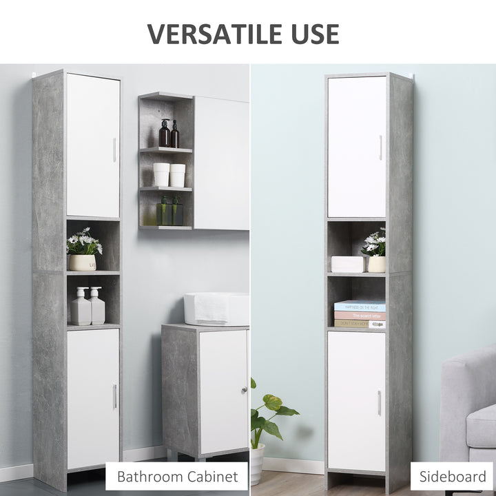 kleankin Free-standing Tall Bathroom Storage Cabinet w/ 2 Cupboards 2 Open Compartments, Slim Bathroom Organizer Adjustable Shelves Elevated Base-Grey
