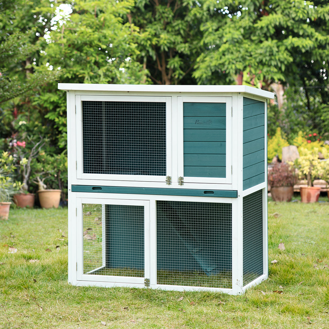2 Tier Wooden Rabbit Hutch, Guinea Pig Cage, Bunny Run, Small Animal House for Indoor Outdoor with Slide-out Tray, 104 x 58 x 110cm, Green