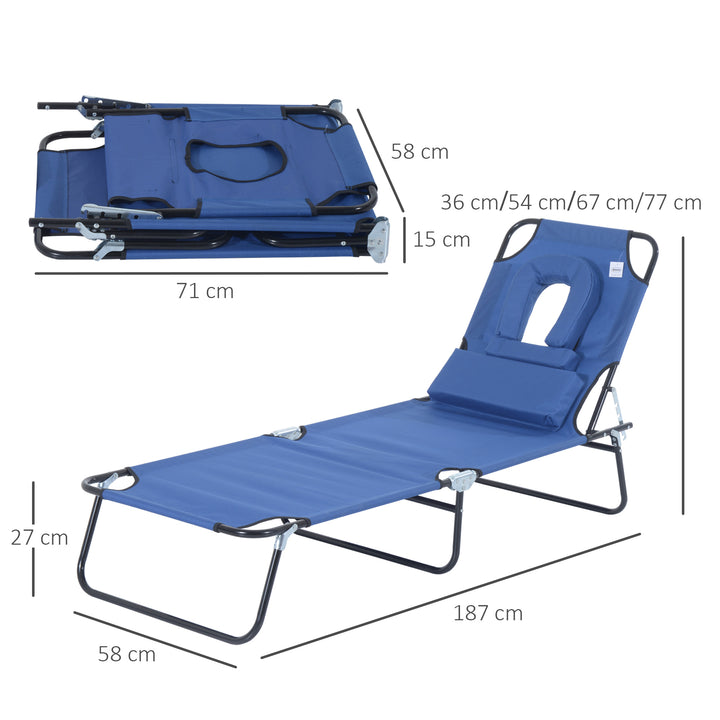 Sun Lounger Foldable Reclining Chair with Pillow and Reading Hole Garden Beach Outdoor Recliner Adjustable Blue