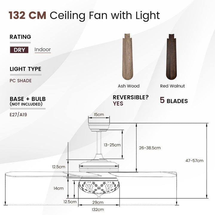 52" Ceiling Fan with Crystal Lights and Remote Control