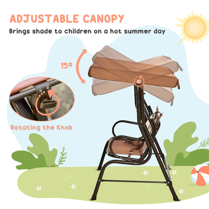 2-Seat Kids Canopy Swing, Children Outdoor Patio Lounge Chair, for Garden Porch, with Adjustable Awning, Seat Belt, Monkey Pattern, Coffee