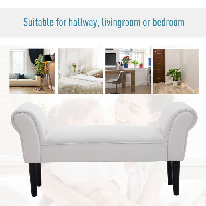 Small-sized Bed End Side Chaise Lounge Sofa Window Seat Arm Bench Wooden Leg Fabric Cover (White)