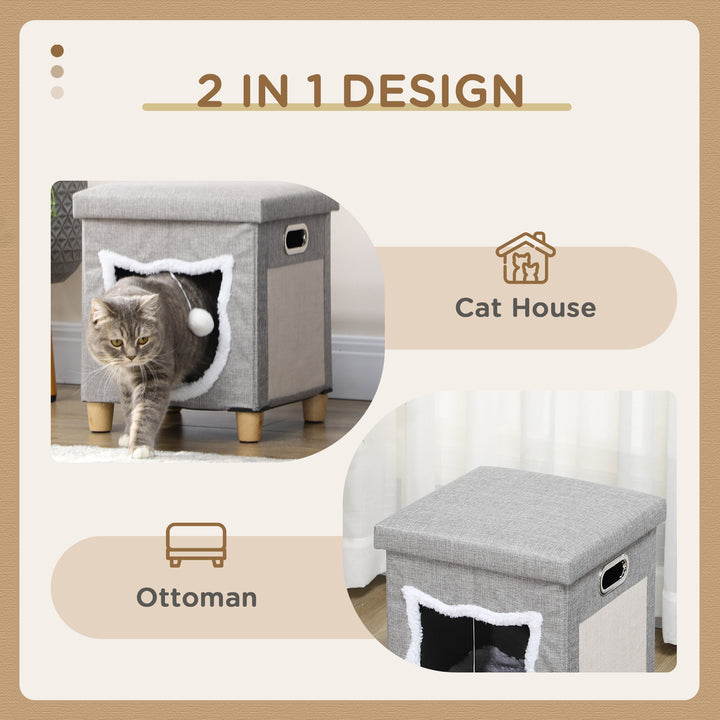 2 in 1 Cat Bed Ottoman, Comfortable Cat Sleeping Cave House w/ Removable Cushion, Scratching Pad, Handles, Anti-Slip Foot Pad, Toy Ball Grey