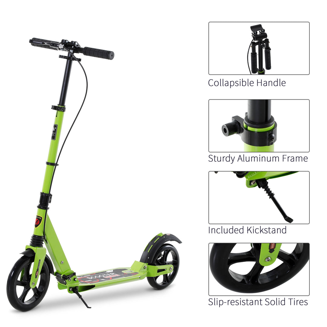 Teens Adult Kick Scooter Foldable Adjustable Aluminum Ride On Toy For 14+ w/ Dual Brake System, Shock Mitigation System - Green 95.5-110.5H CM