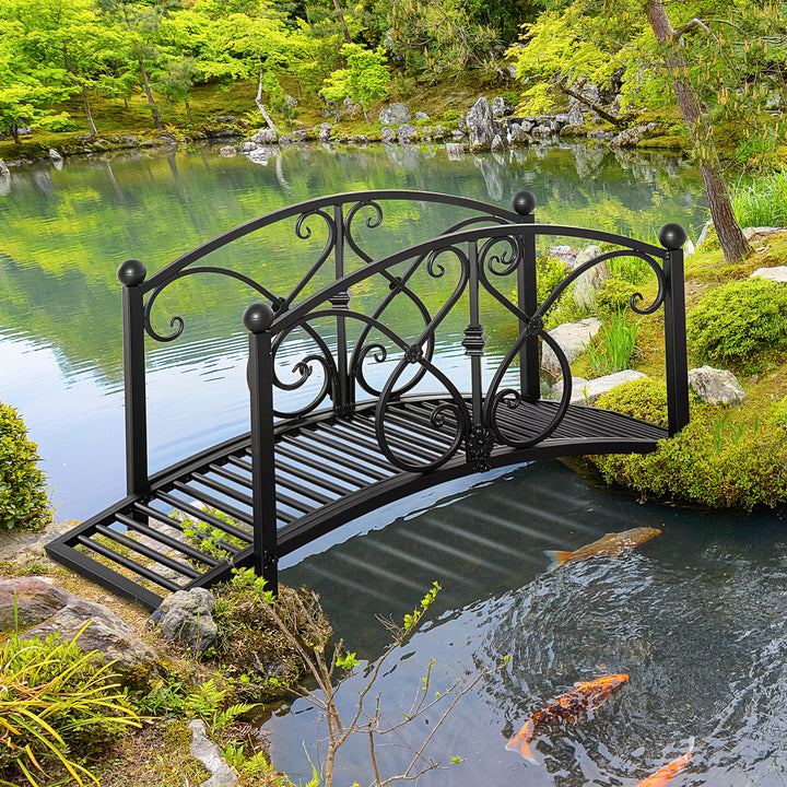 Classic Metal Garden Bridge with Safety Railings Arc Footbridge Decorative Pond  for Backyard Creek Stream, Black