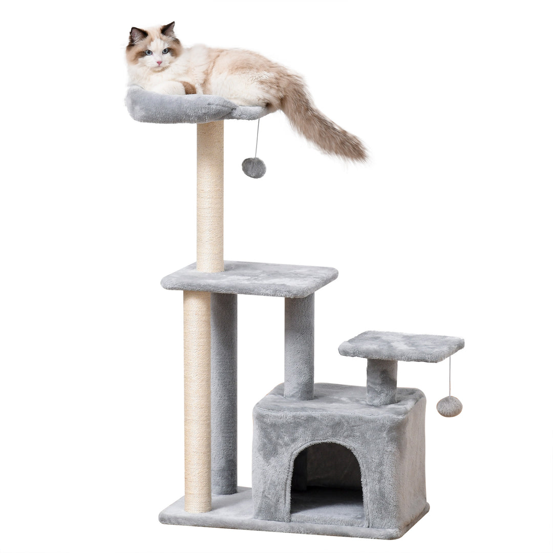 PawHut Cat tree Tower 114cm Climbing Activity Centre Kitten with Sisal Scratching Post Perch Hanging Ball Condo Toy Light Grey