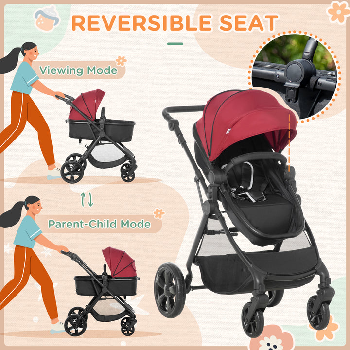 2 in 1 Lightweight Pushchair w/ Reversible Seat, Foldable Travel Baby Stroller w/ Fully Reclining From Birth to 3 Years, 5-point Harness Red