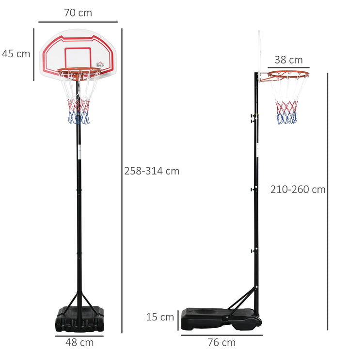 Outdoor Basketball Hoop Stand Portable Sturdy Rim Adjustable Height from 258-314 cm w/ Wheels, Stable Base