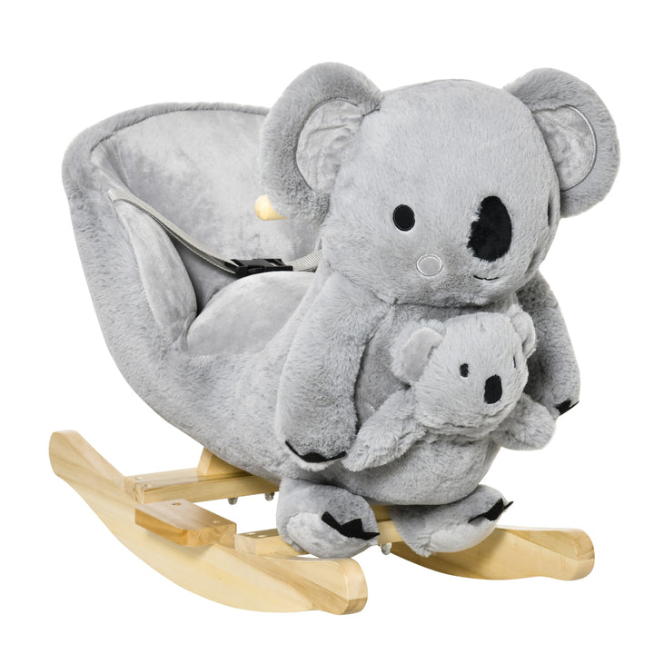 Kids Plush Ride-On Rocking Horse Koala-shaped Plush Toy Rocker with Gloved Doll Realistic Sounds for Child 18-36 Months Grey