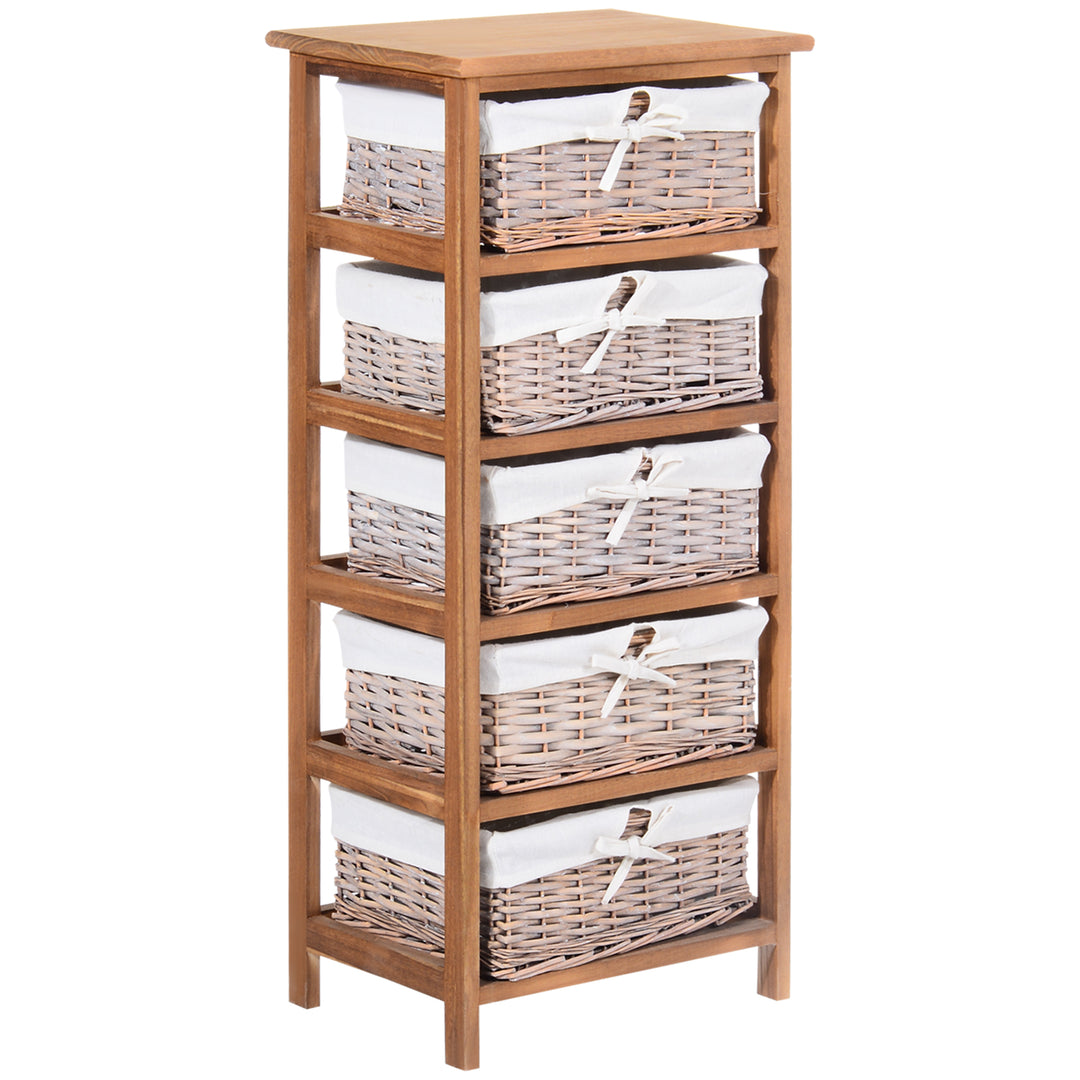 5 Drawer Dresser Wicker Basket Storage Shelf Unit Wooden Frame Home Organisation Cabinet Bedroom Office Furniture Natural Finish